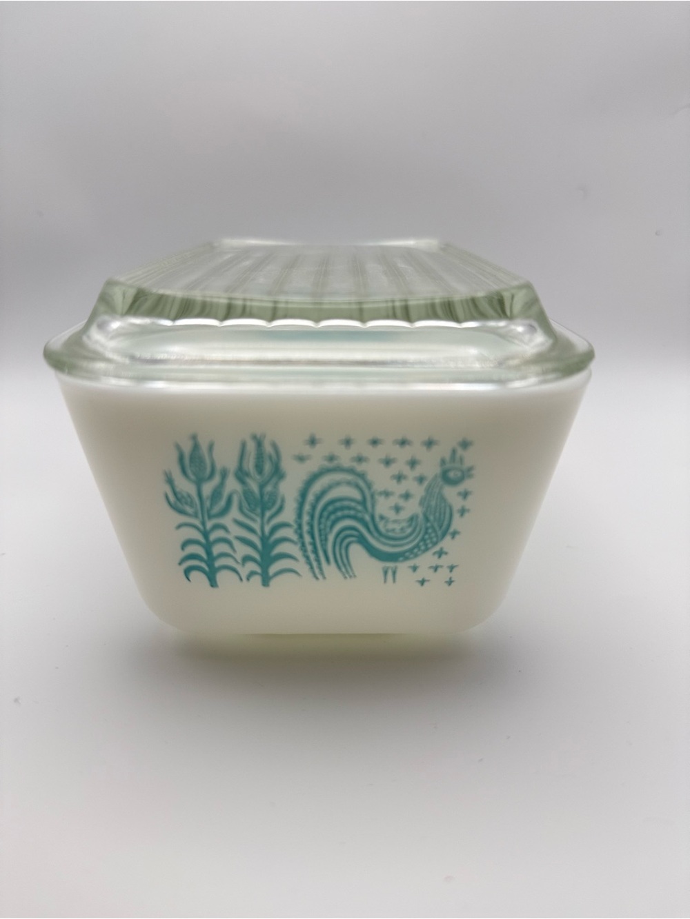 Pyrex White Milk Glass Loaf Pan with Teal Rooster Motif and Clear Lid